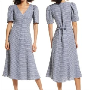 Reformation Chiliah Check Plaid Gingham Dress Midi Blue 100% Linen Size 8